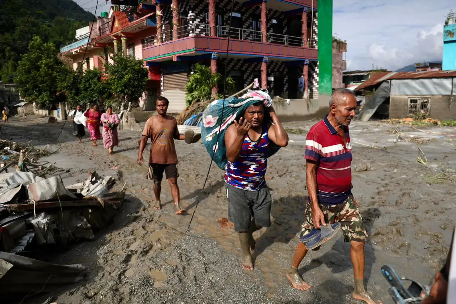 Floodwater and damage following the Nepal floods